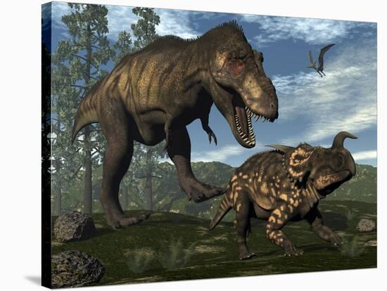 Tyrannosaurus Rex Attacking an Einiosaurus Dinosaur-Stocktrek Images-Stretched Canvas