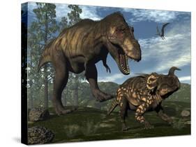 Tyrannosaurus Rex Attacking an Einiosaurus Dinosaur-Stocktrek Images-Stretched Canvas