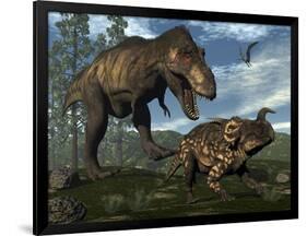 Tyrannosaurus Rex Attacking an Einiosaurus Dinosaur-Stocktrek Images-Framed Art Print