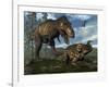 Tyrannosaurus Rex Attacking an Einiosaurus Dinosaur-Stocktrek Images-Framed Art Print