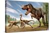 Tyrannosaurus Rex Attacking Two Struthiomimus Dinosaurs-null-Stretched Canvas
