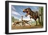 Tyrannosaurus Rex Attacking Two Struthiomimus Dinosaurs-null-Framed Art Print