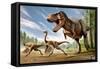 Tyrannosaurus Rex Attacking Two Struthiomimus Dinosaurs-null-Framed Stretched Canvas