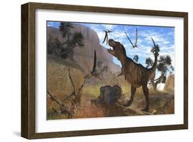 Tyrannosaurus Rex Attempts to Eat His Triceratops Kill While Pteranodons Harass Him-null-Framed Art Print