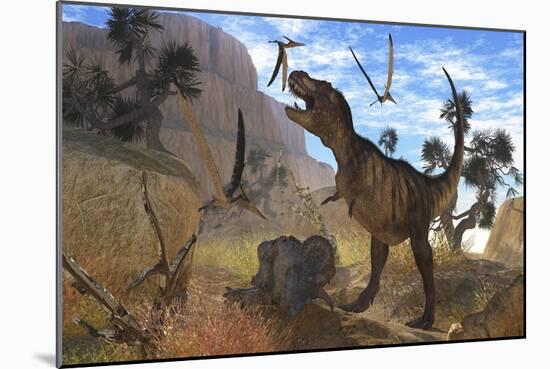 Tyrannosaurus Rex Attempts to Eat His Triceratops Kill While Pteranodons Harass Him-null-Mounted Premium Giclee Print