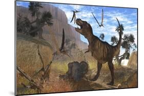 Tyrannosaurus Rex Attempts to Eat His Triceratops Kill While Pteranodons Harass Him-null-Mounted Premium Giclee Print