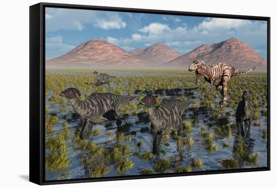 Tyrannosaurus Rex Chasing a Herd of Parasaurolophus Dinosaurs-null-Framed Stretched Canvas