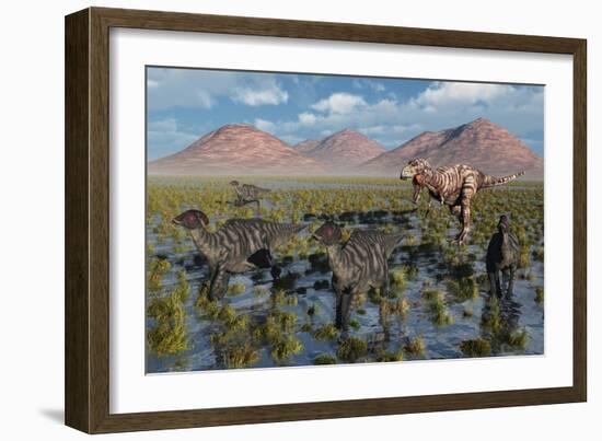 Tyrannosaurus Rex Chasing a Herd of Parasaurolophus Dinosaurs-null-Framed Art Print