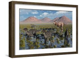 Tyrannosaurus Rex Chasing a Herd of Parasaurolophus Dinosaurs-null-Framed Art Print