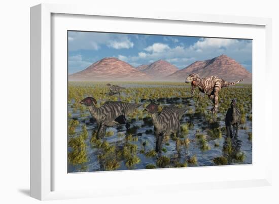 Tyrannosaurus Rex Chasing a Herd of Parasaurolophus Dinosaurs-null-Framed Art Print