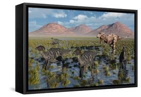 Tyrannosaurus Rex Chasing a Herd of Parasaurolophus Dinosaurs-null-Framed Stretched Canvas