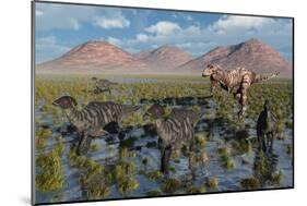 Tyrannosaurus Rex Chasing a Herd of Parasaurolophus Dinosaurs-null-Mounted Premium Giclee Print