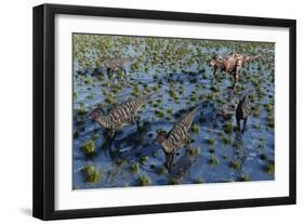 Tyrannosaurus Rex Chasing a Herd of Parasaurolophus Dinosaurs-null-Framed Art Print