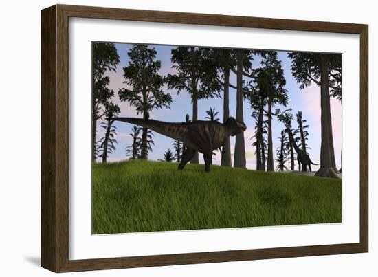 Tyrannosaurus Rex Confronts a Large Brachiosaurus-null-Framed Art Print