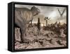 Tyrannosaurus Rex Dinosaur and Pteranodons on a Rocky Desert Landscape-null-Framed Stretched Canvas