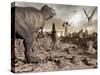 Tyrannosaurus Rex Dinosaur and Pteranodons on a Rocky Desert Landscape-null-Stretched Canvas