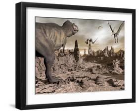 Tyrannosaurus Rex Dinosaur and Pteranodons on a Rocky Desert Landscape-null-Framed Art Print