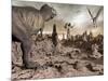 Tyrannosaurus Rex Dinosaur and Pteranodons on a Rocky Desert Landscape-null-Mounted Art Print