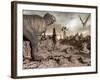 Tyrannosaurus Rex Dinosaur and Pteranodons on a Rocky Desert Landscape-null-Framed Art Print