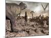 Tyrannosaurus Rex Dinosaur and Pteranodons on a Rocky Desert Landscape-null-Mounted Art Print