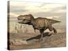 Tyrannosaurus Rex Dinosaur Running across Rocky Terrain-null-Stretched Canvas