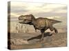 Tyrannosaurus Rex Dinosaur Running across Rocky Terrain-null-Stretched Canvas