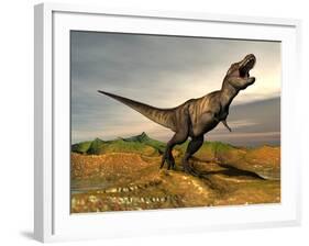 Tyrannosaurus Rex Dinosaur Walking in Desert Landscape-null-Framed Art Print