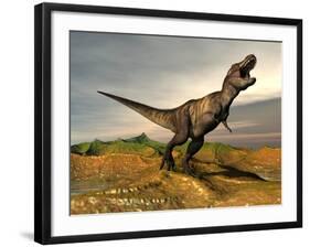 Tyrannosaurus Rex Dinosaur Walking in Desert Landscape-null-Framed Art Print