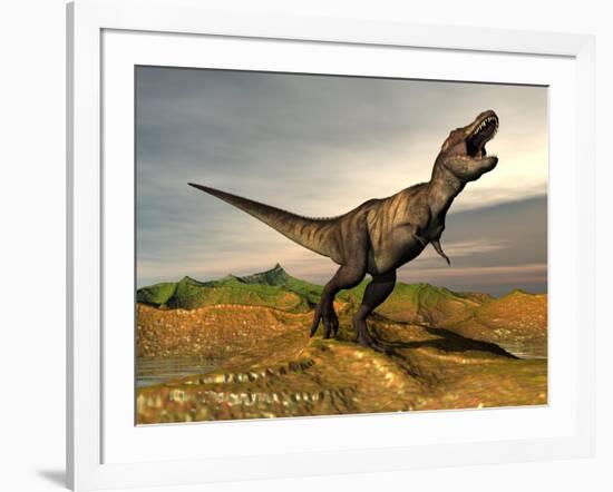 Tyrannosaurus Rex Dinosaur Walking in Desert Landscape-null-Framed Art Print