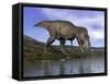 Tyrannosaurus Rex Dinosaur Walking to the Edge of Water-null-Framed Stretched Canvas