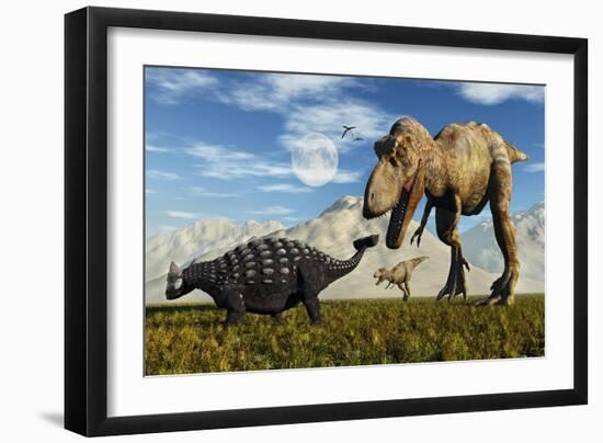 Tyrannosaurus Rex Dinosaurs Confronting a Lone Ankylosaurus-Stocktrek Images-Framed Art Print