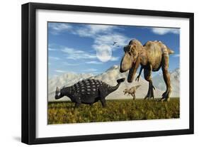 Tyrannosaurus Rex Dinosaurs Confronting a Lone Ankylosaurus-Stocktrek Images-Framed Art Print