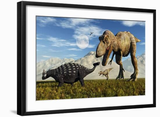 Tyrannosaurus Rex Dinosaurs Confronting a Lone Ankylosaurus-Stocktrek Images-Framed Art Print