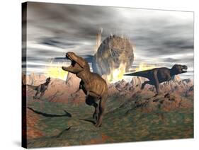 Tyrannosaurus Rex Dinosaurs Escaping a Big Meteorite Crash-null-Stretched Canvas