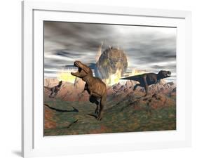 Tyrannosaurus Rex Dinosaurs Escaping a Big Meteorite Crash-null-Framed Art Print