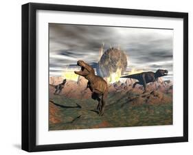 Tyrannosaurus Rex Dinosaurs Escaping a Big Meteorite Crash-null-Framed Art Print