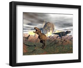 Tyrannosaurus Rex Dinosaurs Escaping a Big Meteorite Crash-null-Framed Art Print