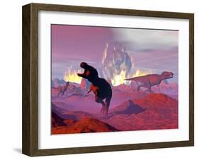 Tyrannosaurus Rex Dinosaurs Escaping a Big Meteorite Crash-null-Framed Art Print