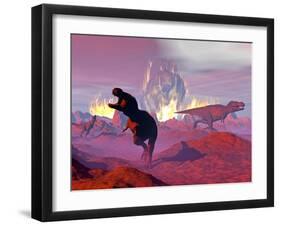 Tyrannosaurus Rex Dinosaurs Escaping a Big Meteorite Crash-null-Framed Art Print