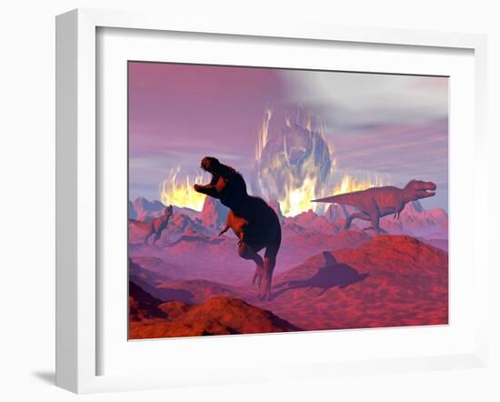 Tyrannosaurus Rex Dinosaurs Escaping a Big Meteorite Crash-null-Framed Art Print