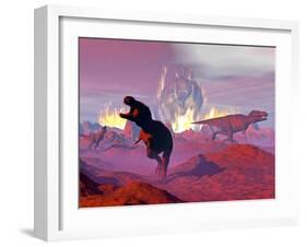 Tyrannosaurus Rex Dinosaurs Escaping a Big Meteorite Crash-null-Framed Art Print