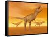 Tyrannosaurus Rex Dinosaurs in an Orange Foggy Desert by Sunset-null-Framed Stretched Canvas