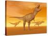Tyrannosaurus Rex Dinosaurs in an Orange Foggy Desert by Sunset-null-Stretched Canvas