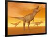 Tyrannosaurus Rex Dinosaurs in an Orange Foggy Desert by Sunset-null-Framed Art Print