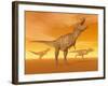 Tyrannosaurus Rex Dinosaurs in an Orange Foggy Desert by Sunset-null-Framed Art Print