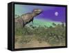 Tyrannosaurus Rex Dinosaurs in Prehistoric Landscape at Night-null-Framed Stretched Canvas