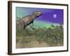 Tyrannosaurus Rex Dinosaurs in Prehistoric Landscape at Night-null-Framed Art Print