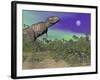 Tyrannosaurus Rex Dinosaurs in Prehistoric Landscape at Night-null-Framed Art Print