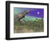 Tyrannosaurus Rex Dinosaurs in Prehistoric Landscape at Night-null-Framed Art Print