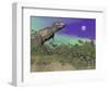 Tyrannosaurus Rex Dinosaurs in Prehistoric Landscape at Night-null-Framed Art Print